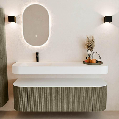 MONDIAZ THOR 150cm meuble de salle de bains arrondi gauche + droite couleur Shadow avec 1 tiroir et 2 portes. Vasque suspendue CLOUD gauche 1 trou de robinet couleur Talc.