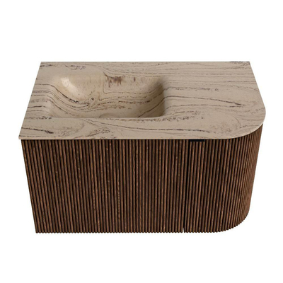 MONDIAZ KURVE-DLUX meuble de salle de bains 75cm arrondi à droite couleur noyer avec 1 tiroir et 1 porte. Lavabo GRUNNE gauche 1 trou de robinet Arena.