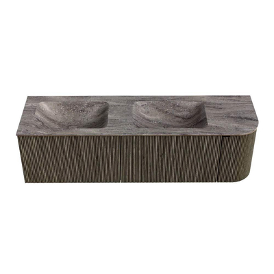 MONDIAZ KURVE-DLUX 155cm badmeubel ronding Rechts kleur Shadow met 2 lades en 1 deur. Wastafel LEAF Dubbel / Links zonder kraangat Oza.