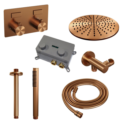 BRAUER Copper Edition Thermostatische Regendouche inbouw - drukknoppen - SET 54 - 30cm hoofddouche - plafondarm - staaf handdouche - doucheslang - wandaansluitbocht - koper geborsteld PVD