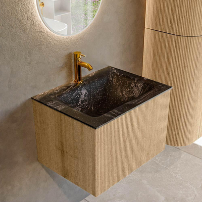 MONDIAZ KURVE-DLUX 60cm badmeubel kleur Oak met 1 lade. Wastafel CLOUD midden 1 kraangat kleur Lava.