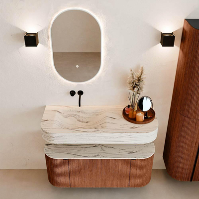 MONDIAZ THOR-DLUX 110cm meuble de salle de bains arrondi gauche + droite couleur Ruby avec 1 tiroir et 2 portes. Vasque suspendue CLOUD Gauche sans trou de robinet couleur Nata.