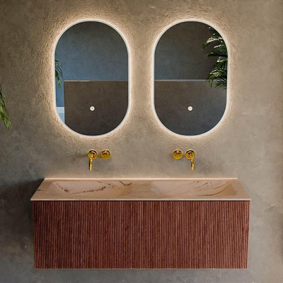 MONDIAZ KURVE-DLUX Meuble de salle de bains 120 cm couleur Ruby avec 1 tiroir et 0 porte. Lavabo LEAF Double sans trou de robinet Arena.
