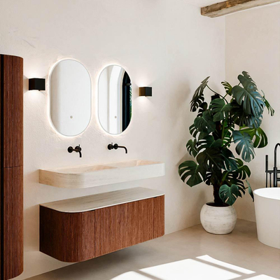 MONDIAZ THOR-DLUX 120cm meuble de salle de bains arrondi gauche + droite couleur Ruby avec 1 tiroir et 2 portes. Vasque suspendue CLOUD Double sans trou de robinet couleur Meli.