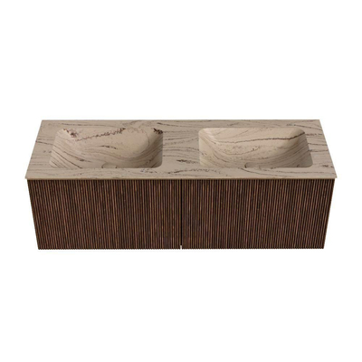 MONDIAZ KURVE-DLUX Meuble de salle de bains 130cm couleur Walnut avec 2 tiroirs et 0 portes. Lavabo LEAF Double 2 trous de robinet Arena.