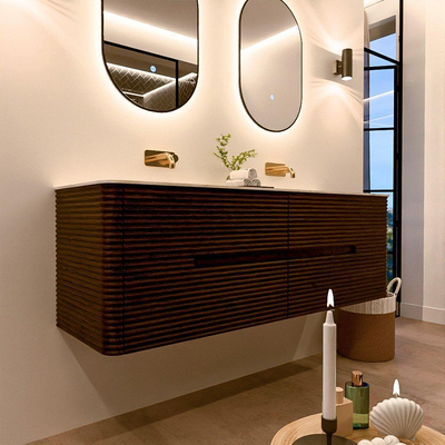 Mondiaz CIRO-DLUX Meuble de salle de bains - 150x45x50cm - Plan vasque solid surface Ostra - 2 vasques Double - sans trous de robinet - 4 tiroirs - Noyer