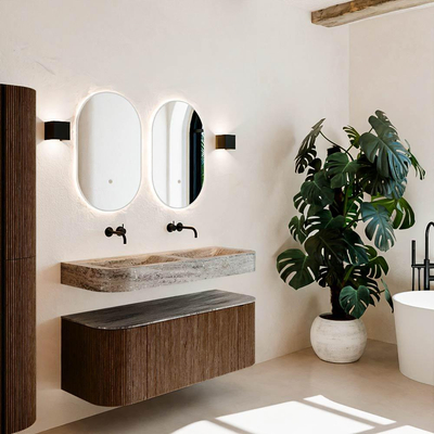 MONDIAZ THOR-DLUX Meuble de salle de bains 120cm arrondi gauche + droite couleur Walnut avec 1 tiroir et 2 portes. Vasque suspendue CLOUD Double sans trou de robinet couleur Oza.