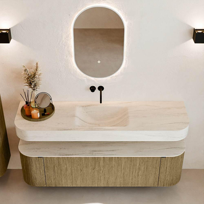 MONDIAZ THOR-DLUX 160cm meuble de salle de bains arrondi gauche + droite couleur Dusk avec 1 tiroir et 2 portes. Vasque suspendue CLOUD Centre sans trou de robinet couleur Meli.