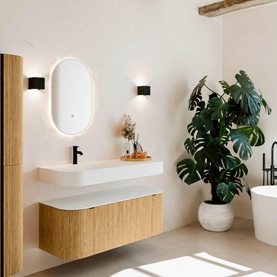 MONDIAZ THOR 120cm meuble de salle de bains arrondi gauche + droite couleur Oak avec 1 tiroir et 2 portes. Vasque suspendue CLOUD gauche 1 trou de robinet couleur Talc.