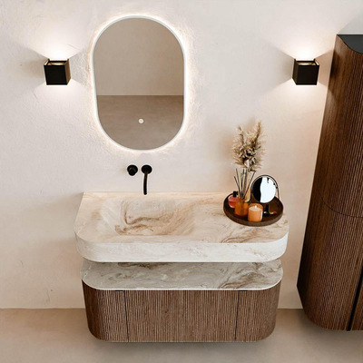 MONDIAZ THOR-DLUX 110cm badmeubel ronding links + rechts kleur Walnut met 1 lade en 2 deuren. Vrijhangende wastafel CLOUD Links zonder kraangat kleur Frappe.