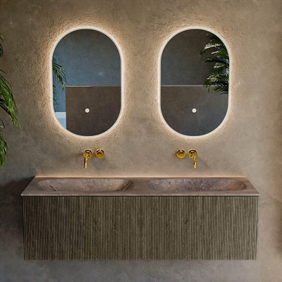 MONDIAZ KURVE-DLUX Meuble de salle de bains 140 cm couleur Shadow avec 2 tiroirs et 0 porte. Plan-vasque STOR SMALL Double sans trou de robinet Oza.