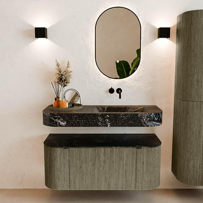 MONDIAZ THOR-DLUX 110cm meuble de salle de bains arrondi gauche + droite couleur Shadow avec 1 tiroir et 2 portes. Vasque suspendue CLOUD droite sans trou de robinet couleur Lava.