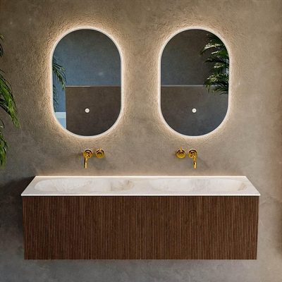 MONDIAZ KURVE-DLUX 140cm Meuble salle de bain - couleur Walnut - 2 tiroirs - vasque STOR SMALL double - sans trou de robinet - couleur Frappe