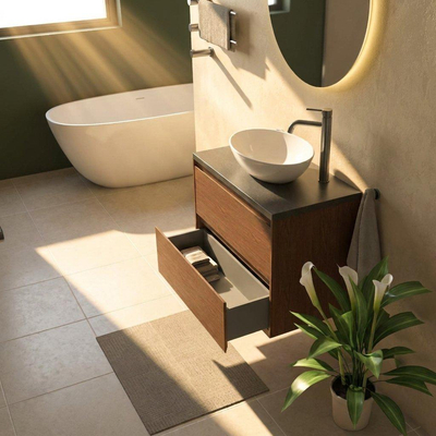 Saniclass Holz Pure Ensemble meuble de salle de bains - 80x45x63cm - Plan de toilette en basalte Noche poli (noir) - 1 trou de robinetterie - 2 tiroirs - walnut pure mat (bois)