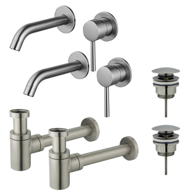 FugaFlow Eccelente Sobrado Badkamer Slim Wastafelkraanset - voor dubbele wastafel - inbouw wastafelkraan - klikwaste plug - verlaagde design sifon - PVD Geborsteld RVS -