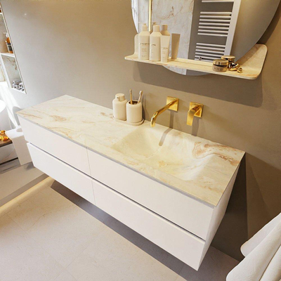 Mondiaz VICA-DLUX ensemble de meuble de salle de bain - 150cm - meuble sous lavabo talc - 4 tiroirs - lavabo encastré cloud droite - sans trous de robinet - version haute de 60cm - frape