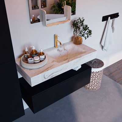 Mondiaz ALAN-DLUX Ensemble de meuble - 100cm - meuble Urban mat - 1 tiroir - Lavabo Cloud Frappe suspendu - vasque Droite - 1 trou de robinet