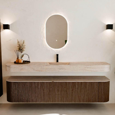 MONDIAZ THOR-DLUX Meuble de salle de bains - 200cm - arrondi gauche + droite - couleur Walnut - 2 tiroirs et 2 portes - Vasque suspendue CLOUD Milieu 1 trou de robinet couleur Saba