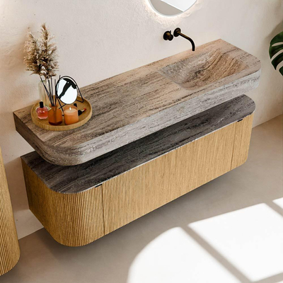 MONDIAZ THOR-DLUX 150cm badmeubel ronding links + rechts kleur Oak met 1 lade en 2 deuren. Vrijhangende wastafel CLOUD Rechts zonder kraangat kleur Oza.