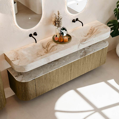 MONDIAZ THOR-DLUX Meuble de salle de bains - 190cm - arrondi gauche + droite - couleur Dusk - 2 tiroirs et 2 portes - Vasque suspendue CLOUD Double sans trou de robinet - couleur Frappe