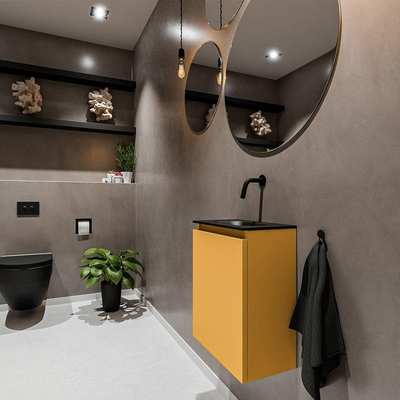 MONDIAZ TURE Toiletmeubel 40x23x50cm met 0 kraangaten 1 deuren ocher mat Wastafel Eden midden Solid Surface Zwart