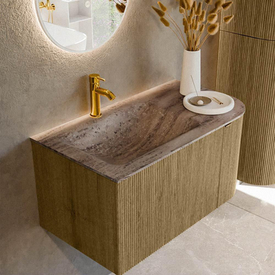 MONDIAZ KURVE-DLUX meuble de salle de bains 85cm arrondi droit couleur Dusk avec 1 tiroir et 1 porte. Lavabo CLOUD gauche 1 trou de robinet Oza.