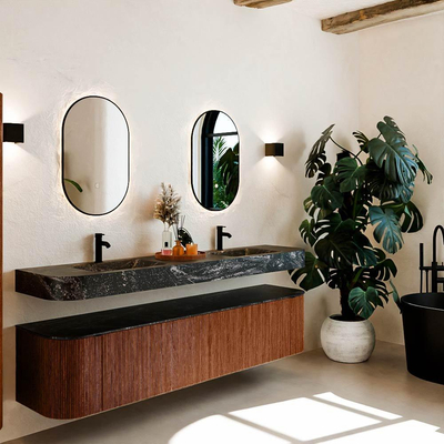 MONDIAZ THOR-DLUX 200cm meuble de salle de bains arrondi gauche + droite couleur Ruby avec 2 tiroirs et 2 portes. Vasque suspendue CLOUD Double 2 trous de robinet couleur Lava.