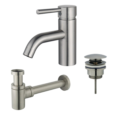 FortiFura Calvi Kit mitigeur lavabo - robinet bas - bonde clic clac - siphon design bas - PVD Inox brossé