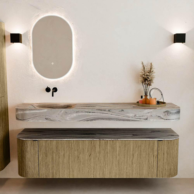 MONDIAZ THOR-DLUX Meuble de salle de bains 170cm arrondi gauche + droite couleur Dusk avec 1 tiroir et 2 portes. Vasque suspendue CLOUD Gauche sans trou de robinet couleur Sombra.