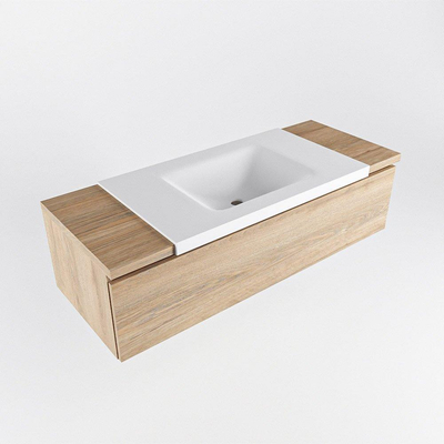Mondiaz BUKLA Badkamermeubelset - 120x45x34cm - 1 kraangat - wasbak midden - solid surface - Talc - greeploos - 1 lade - Melamine - Washed Oak