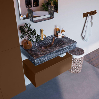 Mondiaz ALAN-DLUX Ensemble de meuble - 80cm - meuble Rust mat - 1 tiroir - Lavabo Cloud Lava suspendu - vasque Centre - 1 trou de robinet