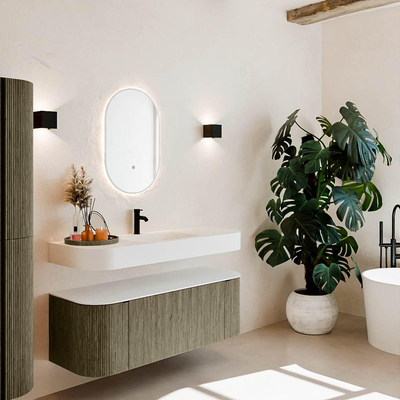 MONDIAZ THOR 130cm meuble de salle de bains arrondi gauche + droite couleur Shadow avec 1 tiroir et 2 portes. Vasque suspendue CLOUD Milieu 1 trou de robinet couleur Talc.