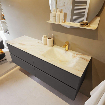 Mondiaz VICA-DLUX ensemble de meuble de salle de bain - 150cm - meuble sous-vasque gris foncé - 4 tiroirs - lavabo encastré cloud droite - 1 trou de robinet - version haute de 60cm - frape