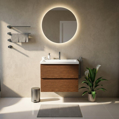 Saniclass Holz Pure Ensemble meuble de salle de bains - 80x45x63.5cm - Lavabo en céramique Bari blanc - 1 vasque - 1 trou de robinet - 2 tiroirs - noyer pure mat (bois)