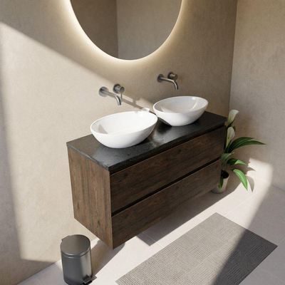 Saniclass Holz Pure Ensemble de meuble de salle de bains - 120x45x63cm - lavabo en basalte Noche poli - 1 vasque - sans trou de robinet - 4 tiroirs - chêne charcoal mat (bois)