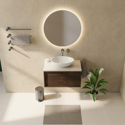 Saniclass Holz Frame Ensemble de meubles de salle de bains - 80x45x43cm - Plan de travail en pierre naturelle travertin - sans trou de robinet - 1 tiroir - chêne charcoal mat (bois)