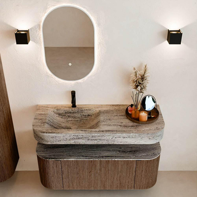 MONDIAZ THOR-DLUX 120cm meuble de salle de bains arrondi gauche + droite couleur Walnut avec 1 tiroir et 2 portes. Vasque suspendue CLOUD Gauche 1 trou de robinet couleur Oza.