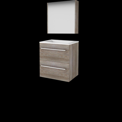 Basic-Line Comfort 46 ensemble de meubles de salle de bain 60x46cm avec poignées 2 tiroirs lavabo acrylique 0 trous de robinetterie armoire de toilette mfc scotch oak