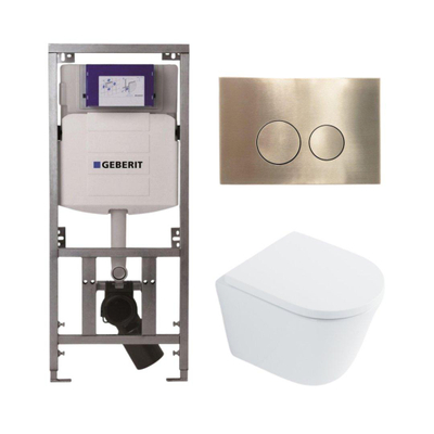 QeramiQ Dely Toiletset - 36.3x51.7cm - diepspoel - rimless - Geberit UP320 Burda inbouwreservoir - softclose toilet zitting 35 mm - geborsteld messing bedieningsplaat - ronde knoppen - wit glans