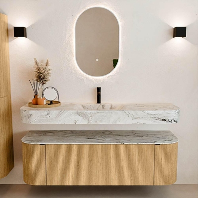 MONDIAZ THOR-DLUX 150cm badmeubel ronding links + rechts kleur Oak met 1 lade en 2 deuren. Vrijhangende wastafel CLOUD Midden 1 kraangat kleur Glace.