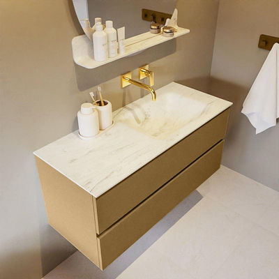 Mondiaz VICA-DLUX ensemble de meuble de salle de bain - 110cm - meuble sous-vasque oro - 2 tiroirs - lavabo encastré cloud droite - sans trous de robinet - version haute de 60cm - opalo