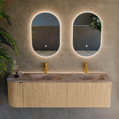 MONDIAZ KURVE-DLUX 155cm badmeubel ronding Links kleur Oak met 2 lades en 1 deur. Wastafel LEAF Dubbel / Rechts 2 kraangaten Oza.