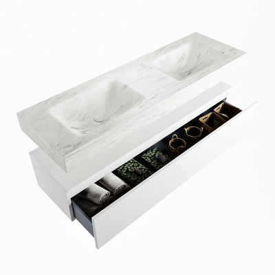 Mondiaz ALAN-DLUX Ensemble de meuble - 150cm - meuble Talc mat - 1 tiroir - Lavabo Cloud Opalo suspendu - vasque Gauche et droite - 0 trous de robinet