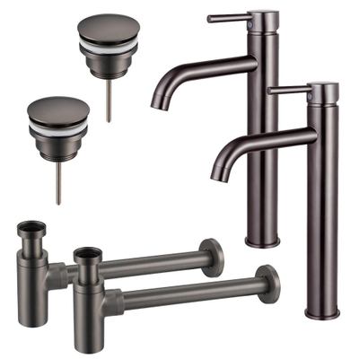 FugaFlow Eccelente Sobrado Badkamer Wastafelkraanset - voor dubbele wastafel - verhoogde wastafelkraan - klikwaste plug - design sifon - PVD Gepolijst Gunmetal