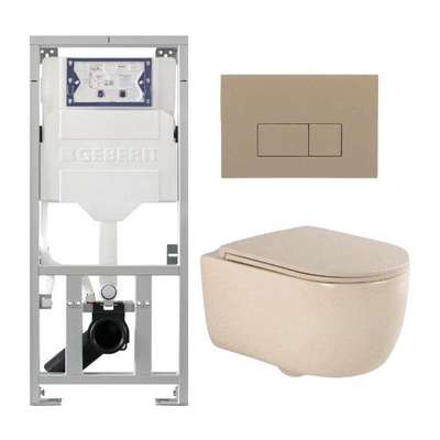 QeramiQ Dely Swirl Toiletset - 36.3x51.7cm - Geberit UP320 inbouwreservoir - met Burda frame - slimzitting - bedieningsplaat taupe - rechthoekige knoppen - beige