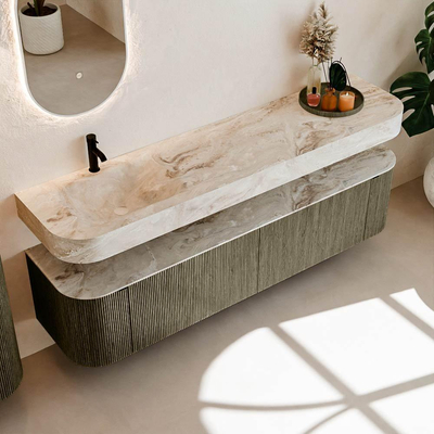 MONDIAZ THOR-DLUX Meuble de salle de bains 190cm arrondi gauche + droite couleur Shadow avec 2 tiroirs et 2 portes. Vasque suspendue CLOUD Gauche 1 trou de robinet couleur Frappe.