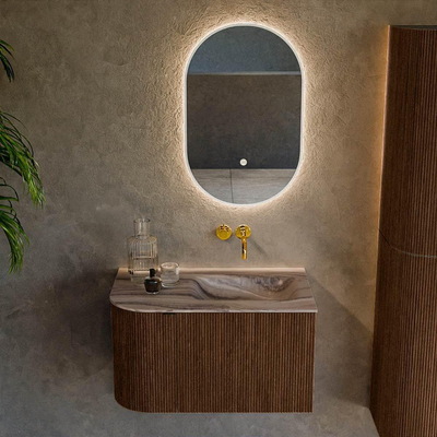 MONDIAZ KURVE-DLUX Meuble de salle de bains 75cm courbe à gauche couleur Walnut avec 1 tiroir et 1 porte. Lavabo GRUNNE à droite sans trou de robinet Sombra.