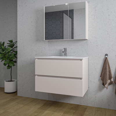 Saniclass Chaci Ensemble meuble de salle de bains - 80x46x55cm - lavabo en céramique blanc - 1 vasque - 1 trou de robinet - 2 tiroirs - armoire de toilette - cotton mat (beige)