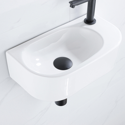 QeramiQ Fuente Fonteinset - 40x21.5x12cm - rechts - glad - halfrond - 1 kraangat - keramiek - fonteinkraan wit mat - afvoerplug - verlaagd sifon - wit glans