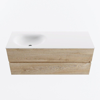 MONDIAZ VICA 120cm meuble de salle de bains sous-meuble Washed Oak 2 tiroirs. Lavabo MOON gauche sans trou de robinet, couleur Talc.